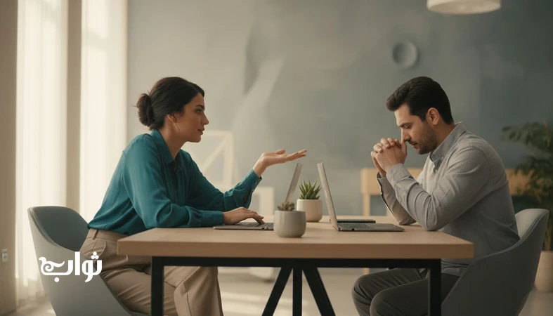 برخورد با همکار سخت با احترام، مرزبندی سالم و آرام سازی تنش در محل کار؛ تصویر مفهومی برای مجله ثواب