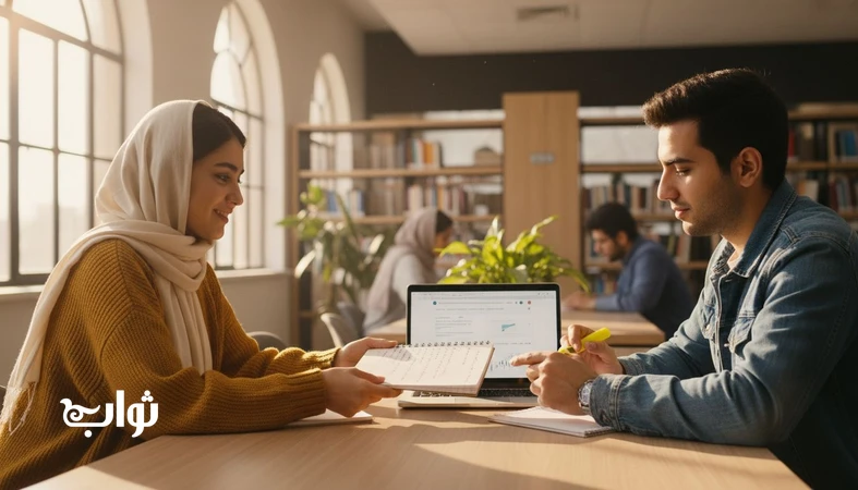 اخلاق همکاری دانشگاهی و ثواب دانشجو در اشتراک دانش؛ تصویر دو دانشجوی ایرانی در حال به اشتراک گذاشتن جزوه در کتابخانه، مجله ثواب
