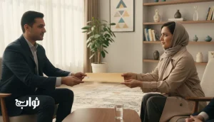گفت‌وگوی محترمانه در یک دفتر ایرانی درباره اخلاق تعدیل نیرو و جابه‌جایی شغلی با حفظ کرامت انسانی