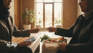 تصویر مسیر «از نیت تا پیامد» در کار خیر روزمره؛ دست‌های دو نفر در حال کمک کوچک و محترمانه، مجله ثواب