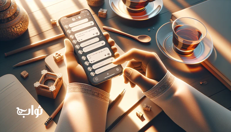 انسانیت در کامنت‌ها در فضای گفتگوی آنلاین؛ تصویر دست‌های یک کاربر ایرانی با گوشی در نور گرم، برای مجله ثواب