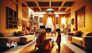 جملات کوتاه مادرانه برای رشد هیجانی کودک در خانه؛ تصویر یک مادر ایرانی در حال آرام کردن فرزندش - مجله ثواب