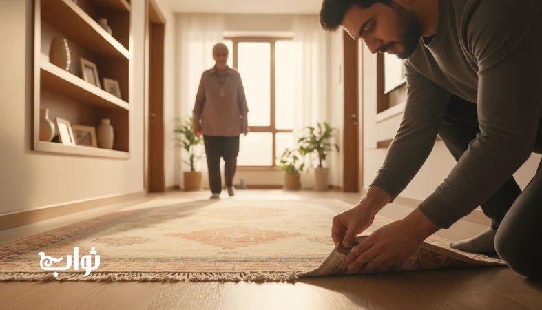 رفع بلا با کارهای کوچک پیشگیرانه در خانه؛ تصویر دست‌های یک نفر در حال ایمن‌سازی فرش برای کاهش خطر، مجله ثواب