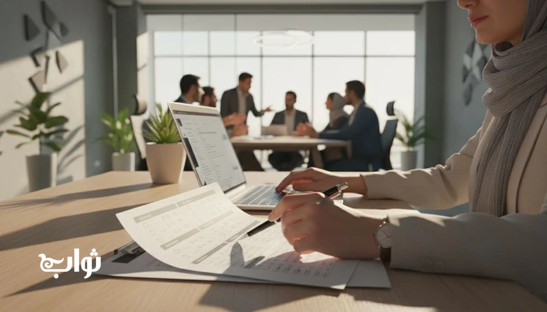 تصویر نمادین از اخلاق حرفه ای در سازمان با تمرکز بر پاسخ گویی و دقت کارمند هنگام بررسی چک لیست و پاسخ به ایمیل | مجله ثواب