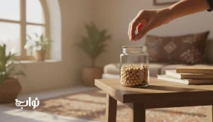 ثواب مداوم در مجله ثواب؛ دستی که هر روز یک دانه کوچک را داخل شیشه شفاف می اندازد، نماد ساخت عادت کار خیر و پیوستگی کار خیر