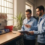 همکاری در محیط‌های فنی بدون رقابت مخرب در کارگاه؛ دو کارگر ایرانی در حال هماهنگی و تحویل ابزار در مجله ثواب