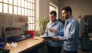 همکاری در محیط‌های فنی بدون رقابت مخرب در کارگاه؛ دو کارگر ایرانی در حال هماهنگی و تحویل ابزار در مجله ثواب