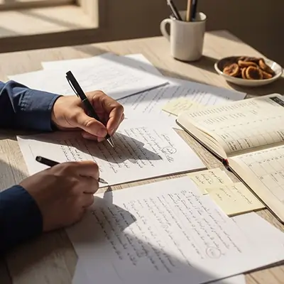 فرآیند نگارش و ویرایش محتوای تحلیلی با دست‌نوشته‌ها روی میز کار، مجله ثواب | تحریریه اثرماندگار ثواب