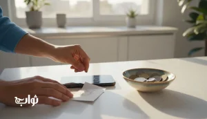 تصویر دست‌های یک فرد ایرانی در خانه که با یادآور ساده و کار کوچک روزانه، «ثواب بدون اراده‌ی قوی» را تمرین می‌کند؛ مناسب مقاله مجله ثواب